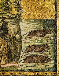 El cerdo gadareno o el exorcismo de "una legión" de demonios, siglo VI (mosaico)