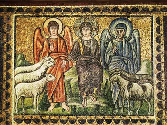 El Buen Pastor y dos ángeles, siglo VI (mosaico)