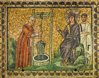 La samaritana junto al pozo, Jesús bendiciendo y un apóstol, siglo VI (mosaico)