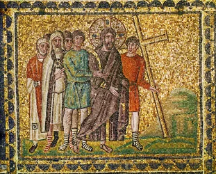 El transporte de la Cruz. Cristo, soldados y sumos sacerdotes camino del Gólgota, siglo VI (mosaico).
