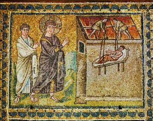 El paralítico bajado del tejado, Jesús y un apóstol, siglo VI (mosaico)