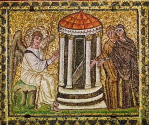 Las dos mujeres y un ángel con aureola y bastón ante la tumba vacía de Cristo, siglo VI (mosaico)