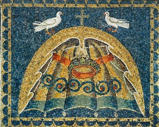 Umbráculo, parte del ajuar papal, en forma de concha con palomas en señal de paz, siglo VI (mosaico)