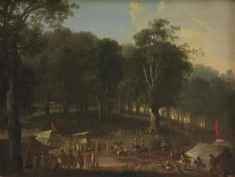 Una tropa de artistas llegando a la feria en Dyrehavsbakken cerca del parque de ciervos, al norte de Copenhague