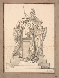 Un busto (¿Fr. VI?) coronado por tres mujeres con escudos de armas