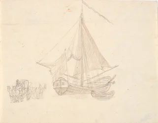 Un barco con vela y bandera y un bote. A la izquierda, dos carros de caballos