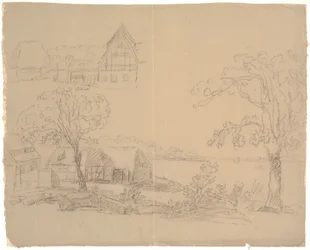 Paisaje con granja junto a un lago. F.o.t.v. una granja