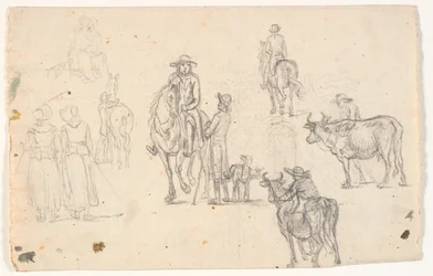 Bocetos con campesinos, caballos y vacas