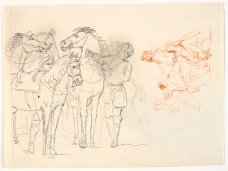 Dos bocetos. A la izquierda, un boceto a lápiz con caballos y dos hombres. A la derecha, un boceto en tiza roja con un grupo de figuras