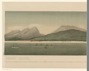 Vista de la costa del Gran Aceh, con la flota de la primera expedición de Aceh frente a la costa, tercera parte The Greater Aceh Road (título sobre el objeto)