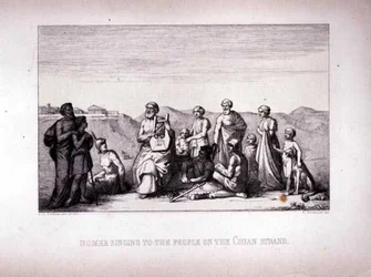 Homero Cantando al Pueblo en la Playa de Chios, grabado por B.Barloccini, 1849