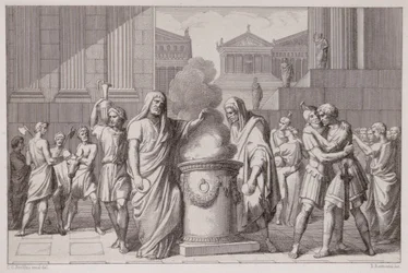 El Encuentro de Camillus y Manlius Después de la Retirada de los Galos, grabado por B.Barloccini, 1849