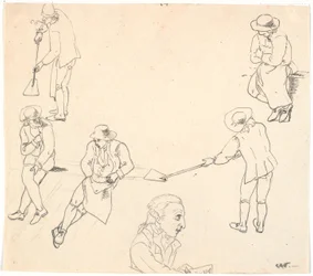 Boceto con seis figuras masculinas, dos con palas, tres sentados, y un perfil masculino