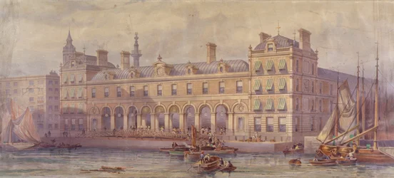 Vista del mercado de Billingsgate con figuras y barcos en primer plano, Londres, 1877