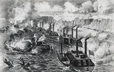 La flota del Almirante David Dixon Porter rompiendo el bloqueo rebelde en el Mississippi en Vicksburg, 16 de abril