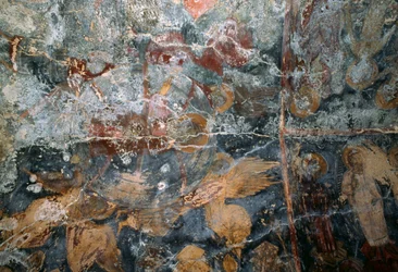 Fresco dañado en la iglesia de Metamorphosis Sotiros, Voutas, Creta, Grecia
