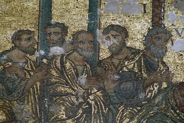 Representación de los apóstoles, (detalle) de la duda de San Tomás, mosaico, Iglesia de la Natividad (Lista del Patrimonio Mundial de la Unesco, 2012), Belén, Palestina