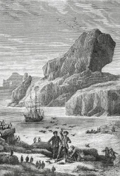 Descubrimiento de Austral Francia (Islas Kerguelen) por el explorador francés Yves-Joseph de Kerguelen-Tremarec (1734-1797), febrero de 1772, grabado, Océano Índico, Territorio de Tierras Australes y Antárticas Francesas