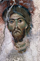 Rostro de Cristo, detalle de un fresco en la iglesia de Agios Georgios, Mourne, Creta, Grecia (foto)