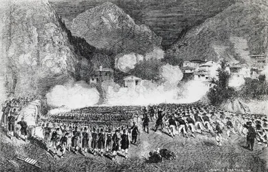 División del General Giacomo Medici atacando Levico Terme, Trentino-Alto Adige, julio de 1866, Tercera Guerra de Independencia, grabado, Italia
