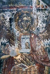 Caballo, fresco dañado en el techo de la iglesia de Agios Vasileios, Vavouledo, Creta, Grecia