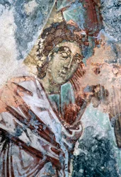 Figura masculina, fresco dañado en el techo de la iglesia de Agios Vasileios, Vavouledo, Creta, Grecia