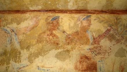 Músicos, fresco, (detalle), Tumba de los Demonios Azules, Necrópolis de Tarquinia (Lista del Patrimonio Mundial de la UNESCO, 2004), Lacio, Italia. Civilización etrusca, siglo V a.C.