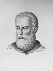 Retrato de Annibale Caro (1507-1566), escritor y poeta italiano, grabado por Ado Fioroni después de un dibujo de Giovanni Battista Gigola
