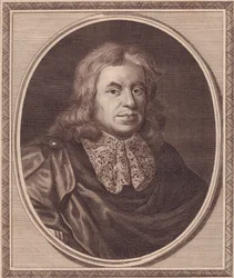 Retrato del médico inglés Thomas Sydenham, grabado en cobre por John Goldar de una pintura de P Lely