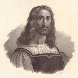 Retrato del grabador italiano Marcantonio Raimondi, grabado en cobre por Barni de una pintura de Raffaello Sanzio