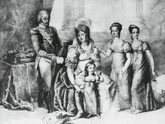 Retrato de Víctor Manuel I, Rey de Cerdeña y Duque de Saboya, Piamonte y Aosta, con su esposa María Teresa de Austria-Este y sus hijas, María Teresa de Saboya (1803-1879), María Ana de Saboya y María Cristina de Saboya, grabado