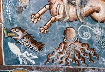 Criaturas marinas, detalle de un fresco en la iglesia de Agios Georgios, Mourne, Creta, Grecia (foto)