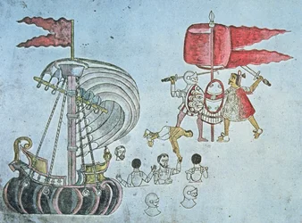 Soldados españoles de Hernán Cortés desembarcan en 1519 para luchar contra los aztecas, copiado del Códice Azcatitlán, c.1550