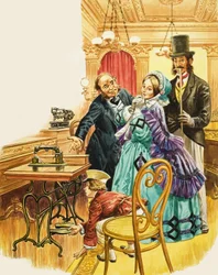 Una dama victoriana admira la nueva máquina de coser de pedal en una sala de exposición, mientras su marido la observa (gouache sobre papel)