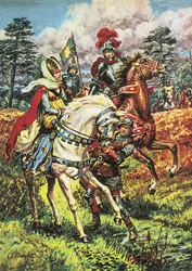 Eduardo IV, Triunfo de la Casa de York, ilustración de "A Pageant of Kings" (litografía en color)