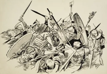 Galos contra romanos (gouache sobre papel)