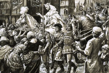 El pueblo inglés recibe al ejército rebelde de la reina Isabel y Roger Mortimer