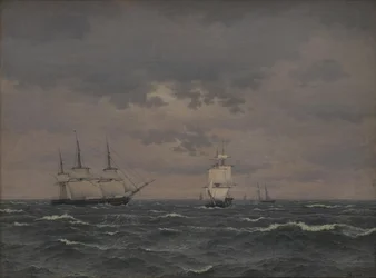Una corbeta arriando velas en un viento fresco y otros barcos
