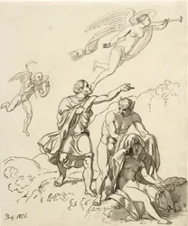 Composición alegórica; un par de jóvenes con orejas de burro y una mujer desnuda sentada, en el fondo Tiempo y Fauna flotando