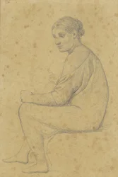 Una mujer sentada, a cuyas rodillas se apoya un niño