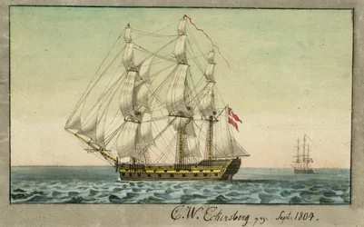 Un barco de guerra danés a vela, visto desde el lado de sotavento