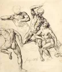 Estudios de figuras - tres hombres y una mujer