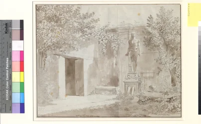 Parte probablemente del jardín del Palazzo Barberini con estatua romana de Antínoo en estilo egipcio, Roma