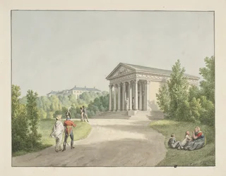 Vista del jardín de Frederiksberg cerca del castillo y el Templo de Apis