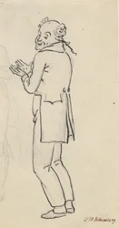 Hoja satírica; un hombre sonriente, visto de lado, con ambas manos frente al pecho, y parte de un boceto a lápiz ligero [cortado]