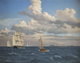 Barcos en el estrecho al norte del castillo de Kronborg, Elsinore