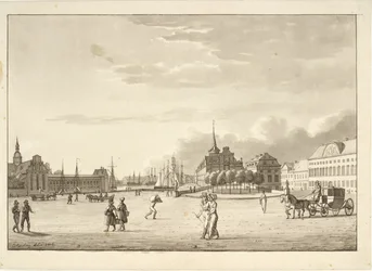 Plaza del castillo en Copenhague con la iglesia de Holmen, la Bolsa, el ahora desaparecido banco y el edificio de la cancillería ("El edificio rojo")