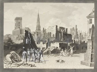 La Plaza de Ulfeldt, ahora llamada Gråbrødretorv, después del bombardeo británico en septiembre de 1807