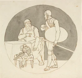 Dos guerreros, uno de pie, el otro sentado