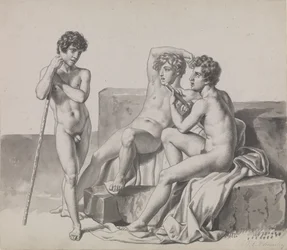 Tres jóvenes desnudos de pie o sentados entre bloques de piedra